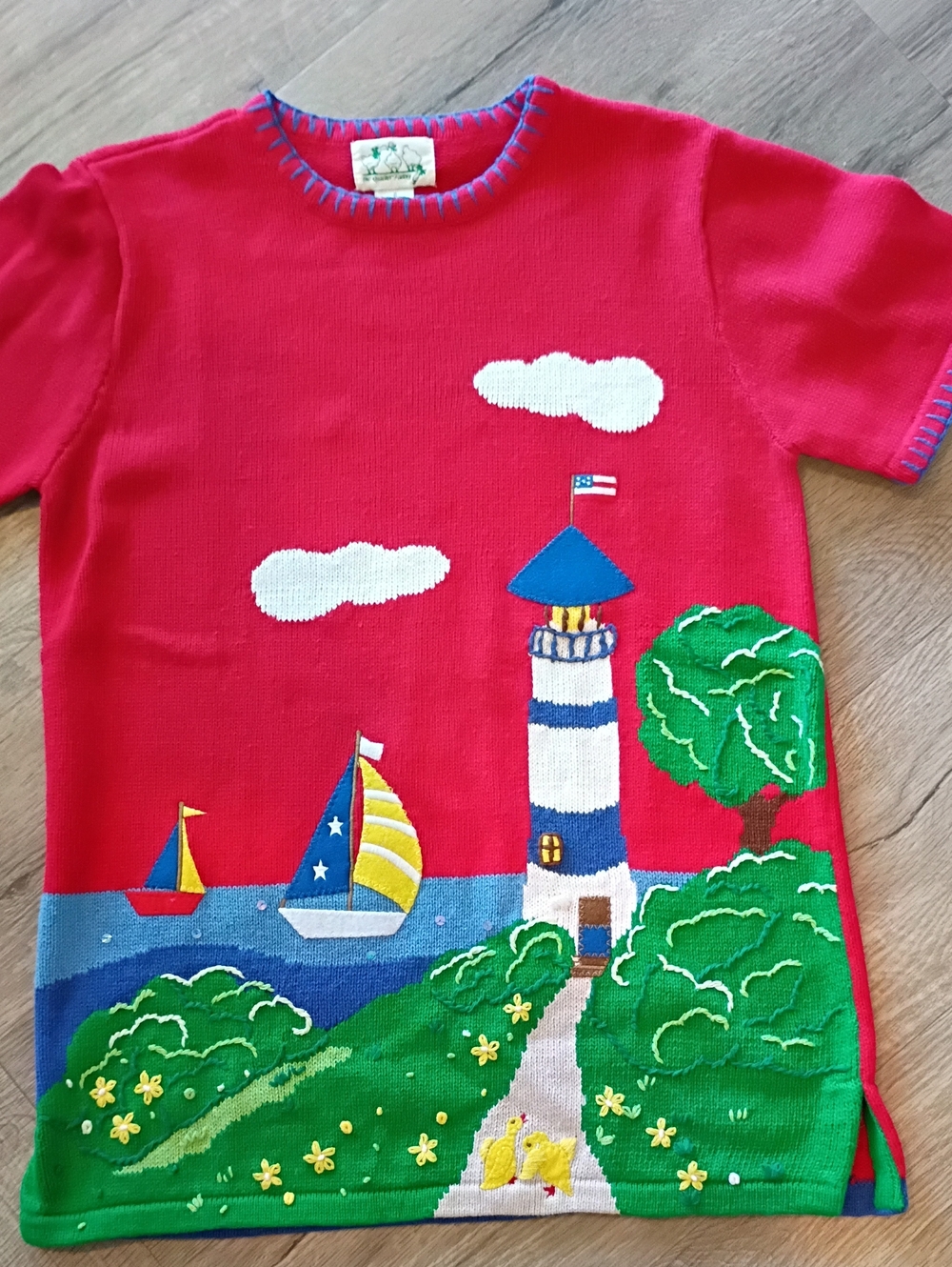 Quacker Factory Red Knit Crewneck Top with Nautical Lighthouse Motif